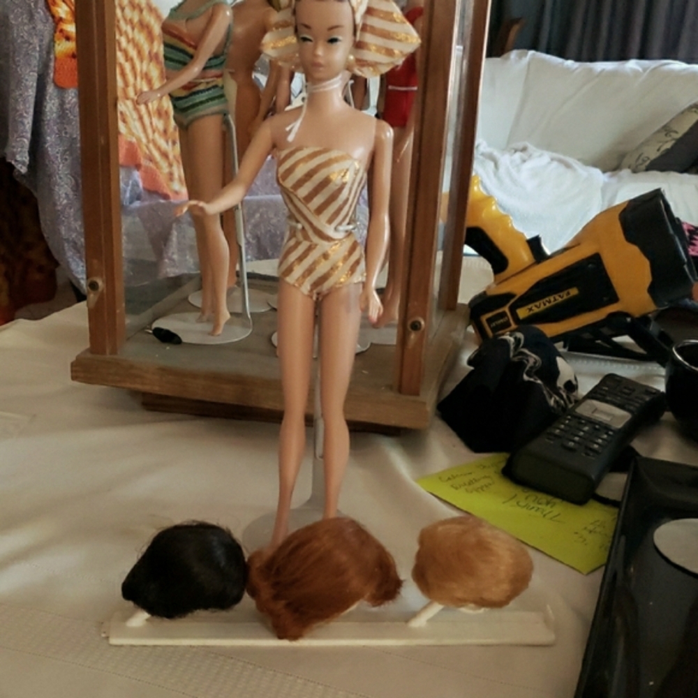 Vintage Mattel 1960s Fashion Queen Barbie. Gold and White Striped Outfit & Wigs